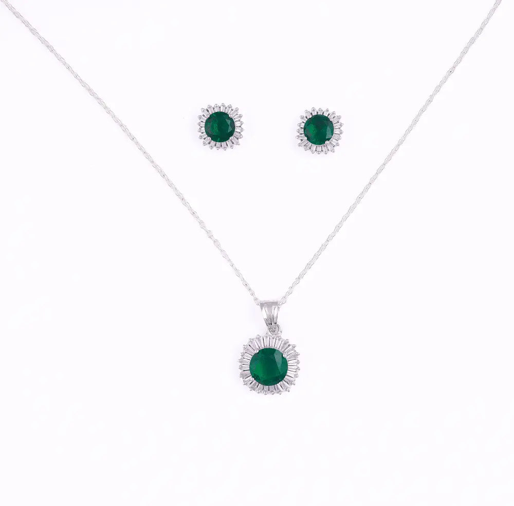 Green Emerald Colour Necklace Set Silver Plated