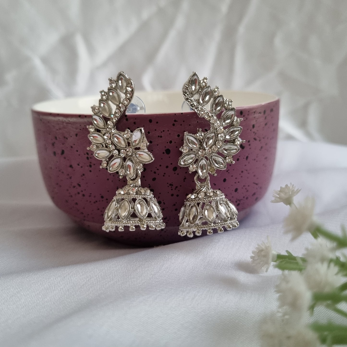 Fancy Silver Oxidised Kundan Earrings