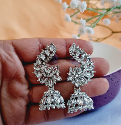 Fancy Silver Oxidised Kundan Earrings
