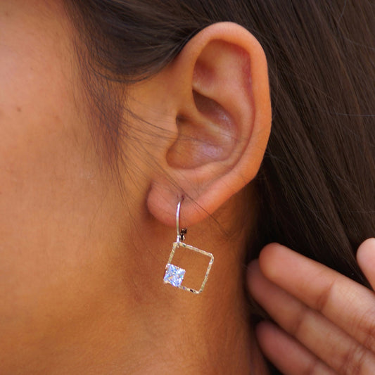 Small Square Tops Hoops Earrings With CZ