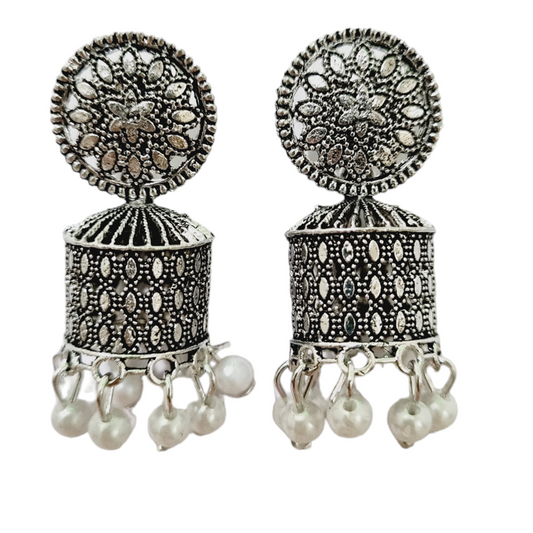 Oxidised Silver Hanging Jhumki With White Pearls
