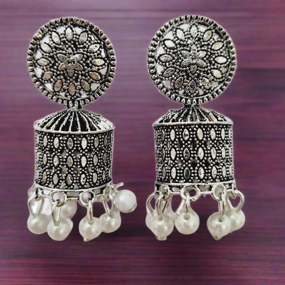 Oxidised Silver Hanging Jhumki With White Pearls