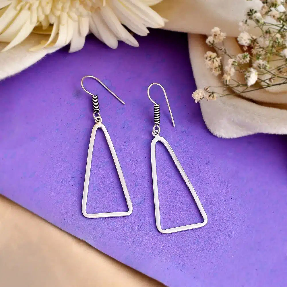 Large Geometric Triangle Earrings - Silver Plated